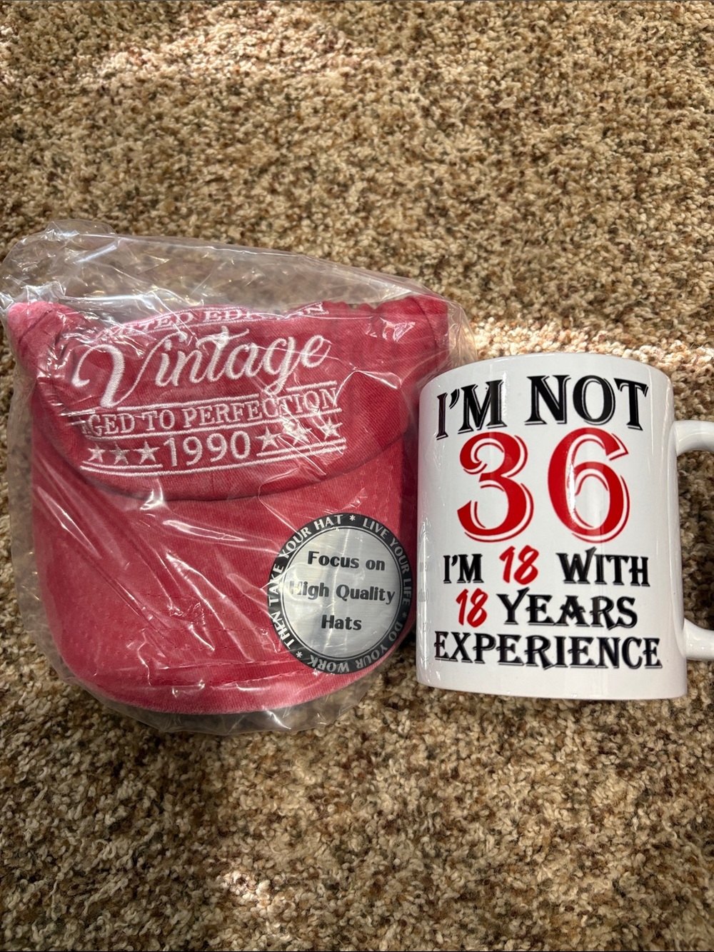 Vintage 1990 Red Baseball Cap & Humorous White Mug Bundle